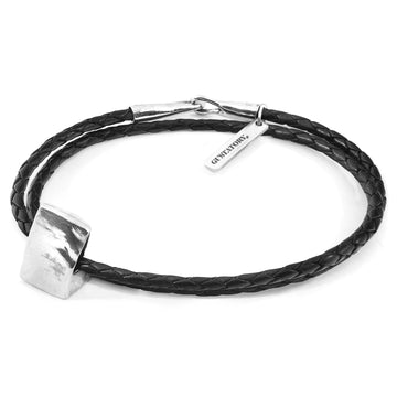 ANCHOR & CREW Black Coffee Bag Silver and Braided Leather Bracelet