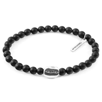 ANCHOR & CREW Black Agate Coffee Bean Silver and Stone Bracelet