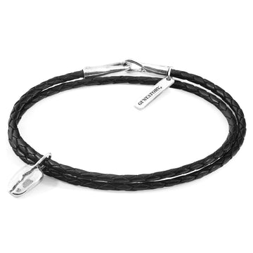 ANCHOR & CREW Black Coffee Bean Silver and Braided Leather Bracelet